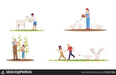 Farm animals with owners semi flat vector illustration set. Geese on ranch with kids. Family collect corn crop. Boy feeding goat. Ranch 2D cartoon characters collection for commercial use. Farm animals with owners semi flat vector illustration set