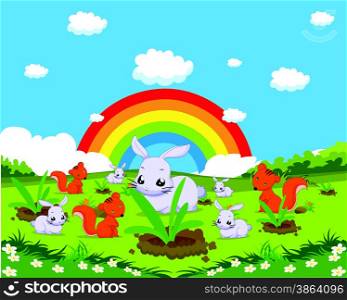 Farm animals with rabbits and squirrels