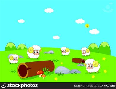 Farm animals with sheeps and logs