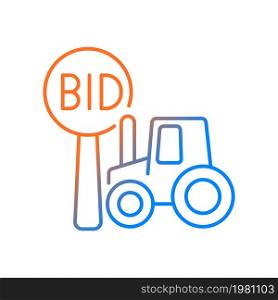 Farm auction gradient linear vector icon. Selling equipment and machinery for farming. Bargaining for farm tools. Thin line color symbol. Modern style pictogram. Vector isolated outline drawing. Farm auction gradient linear vector icon
