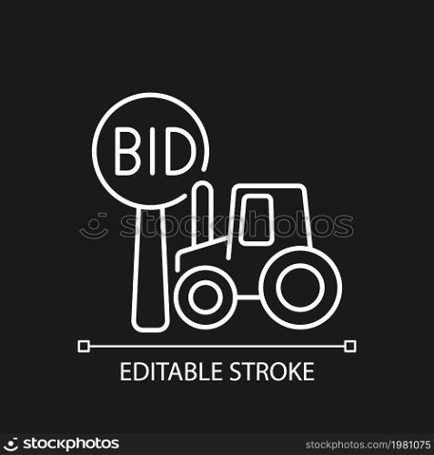 Farm auction linear icon for dark theme. Selling equipment and machinery for farming. Thin line customizable illustration. Isolated vector contour symbol for night mode. Editable stroke. Farm auction linear icon for dark theme