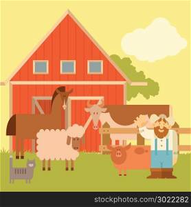 Farm banner with flat animals. Vector image of a banner with the flat farm animals and farmer