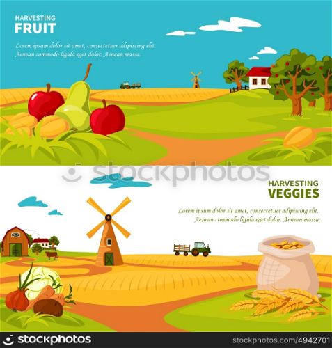 Farm Banners. Flat design horizontal banners set with beautiful farm landscapes veggies and fruit harvest isolated vector illustration