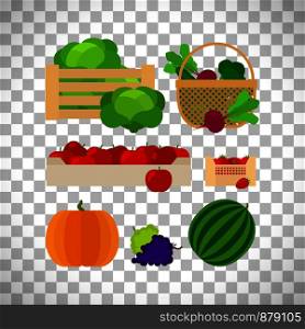 Farm baskets with vegetables and fruits isolated on transparent background. Vector illustration. Farm baskets with vegetables and fruits