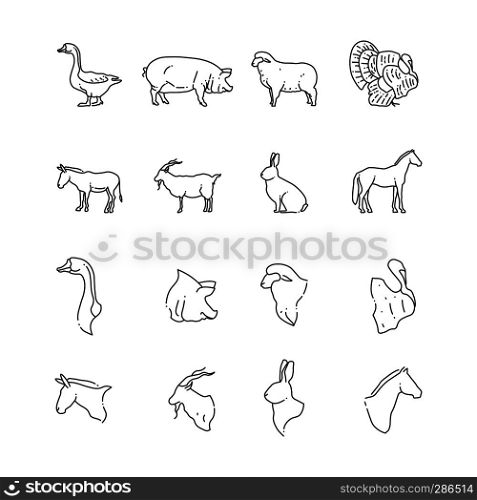Farm birds and animal line icon - full and heads of animals. Vector illustration. Farm birds and animal line icon - full and heads of animals