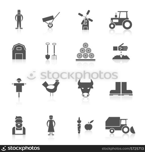 Farm black icon set with crop poultry agriculture elements isolated vector illustration