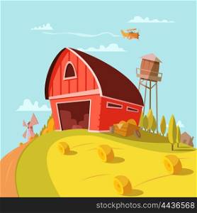 Farm Building Cartoon Background . Farm building cartoon background with fields grain and hay vector illustration
