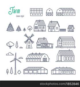 Farm buildings and elements icons set. Various rural houses, greenhouses and wooden buildings. Outline style vector illustration on white background. Farm buildings and elements icons set. Various rural houses, greenhouses and wooden buildings. Outline style vector illustration on white background.