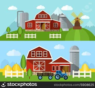 Farm buildings and hangars flat horizontal banner set isolated vector illustration. Farm Flat Banner