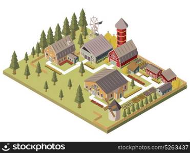 Farm Buildings Isometric Illustration. Farm buildings design with windmill barn and silo sheds hay garden beds and trees isometric vector illustration