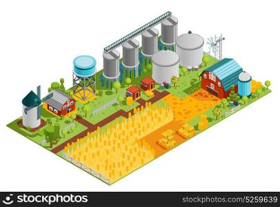 Farm Buildings Isometric Landscape. Farm rural buildings isometric composition with houses reservoirs mill and plantation field of wheat vector illustration