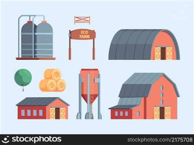 Farm buildings. Rural constructions agricultural objects ranch warehouse wooden house windmill chicken coop garish vector flat illustrations isolated. Building barn farm, warehouse and ranch farmhouse. Farm buildings. Rural constructions agricultural objects ranch warehouse wooden house windmill chicken coop garish vector flat illustrations isolated