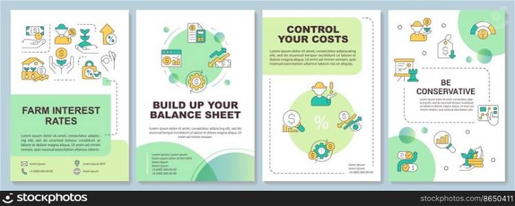 Farm business strategy green brochure template. Agribusiness. Leaflet design with linear icons. Editable 4 vector layouts for presentation, annual reports. Arial-Bold, Myriad Pro-Regular fonts used. Farm business strategy green brochure template