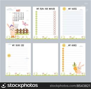 Farm calendar for May 2023 with cute rabbit gardener with pitchfork, wooden fence and butterfly. Vector collection. Vertical template planner, to-do list, my plan and notes. Week from Sunday English