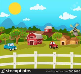 Farm cartoon background with apple garden in rural landscape vector illustration. Farm Cartoon Background