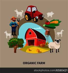 Farm cartoon composition organic farm headline with buildings elements and equipment vector illustrationK. Farm Cartoon Composition