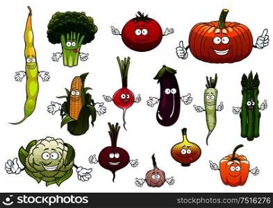 Farm cartoon ripe tomato and corn cob, onion and eggplant, broccoli and pumpkin, bell pepper and garlic, common bean and beet, radish and cauliflower, daikon and asparagus vegetables characters. Healthy cartoon happy farm vegetables