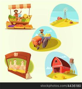 Farm Cartoon Set. Farm cartoon set with farmer and products on yellow background isolated vector illustration