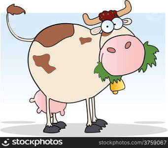 Farm Cow Cartoon Character Chewing On A Grass