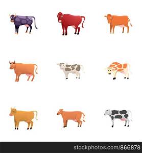 Farm cow icon set. Cartoon set of 9 farm cow vector icons for web design isolated on white background. Farm cow icon set, cartoon style