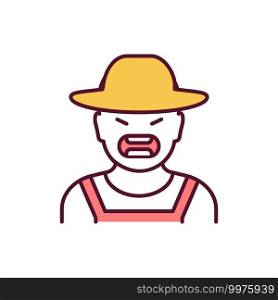 Farm cruelty RGB color icon. Angry farmer. Person in hat yelling. Human shouting. Agressive man on ranch. Unethical industry. Animal cruelty, wildlife conservation. Isolated vector illustration. Farm cruelty RGB color icon
