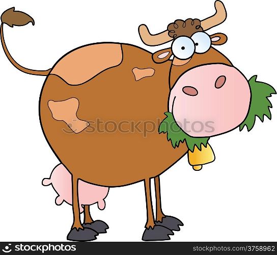 Farm Dairy Cow Cartoon Character Chewing On A Grass