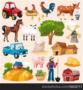 Farm decorative icon set with windmill cow pig and farmer cartoon isolated vector illustration. Farm Icon Set