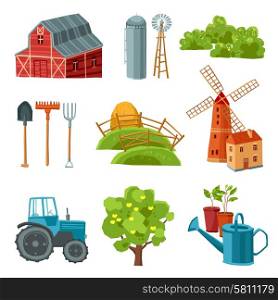 Farm decorative multicolored set with barn tractor windmill haystack silo tower tree bushes watering can spade rake pitchfork isolated vector illustration. Farm decorative multicolored set
