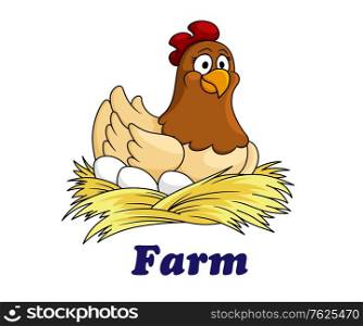 Farm emblem with a cute hen sitting on her eggs on a bed of straw with the text - Farm - below, cartoon style. Farm emblem with a hen sitting on eggs