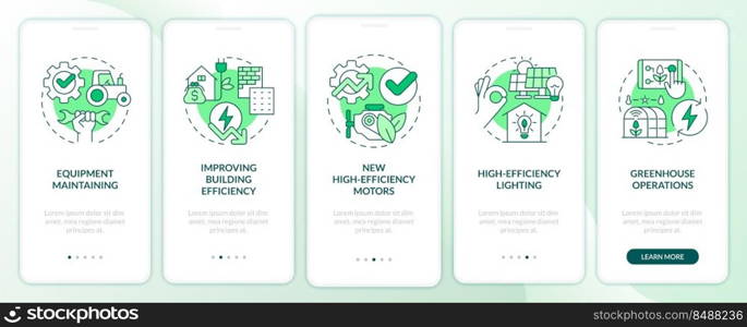 Farm energy efficiency green onboarding mobile app screen. Walkthrough 5 steps editable graphic instructions with linear concepts. UI, UX, GUI template. Myriad Pro-Bold, Regular fonts used. Farm energy efficiency green onboarding mobile app screen