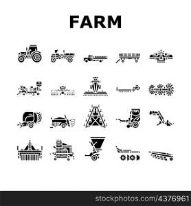 Farm Equipment And Transport Icons Set Vector. Baler And Manure Spreader, Hydroponic And Transplanter Machinery Farm Equipment Line. Tractor And Truck Farmland Car Glyph Pictograms Black Illustrations. Farm Equipment And Transport Icons Set Vector