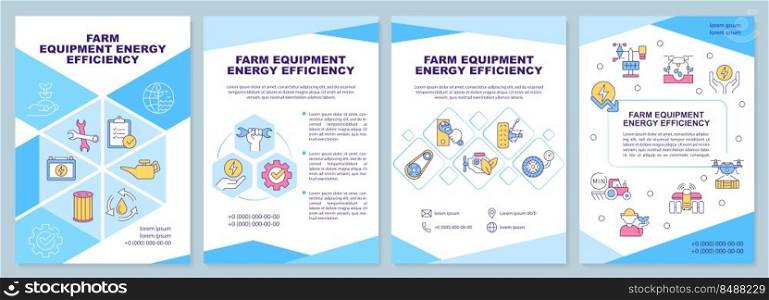 Farm equipment energy efficiency brochure template. Leaflet design with linear icons. Editable 4 vector layouts for presentation, annual reports. Arial-Black, Myriad Pro-Regular fonts used. Farm equipment energy efficiency brochure template