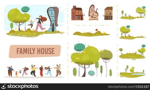 Farm Family House Set in Craft Trendy Flat Style. Happy Life in Countryside. Eco Friendly Home and Farmland. Cartoon People Characters in Traditional Clothes. Natural Scenic Land. Vector Illustration. Farm Family House Set in Craft Trendy Flat Style