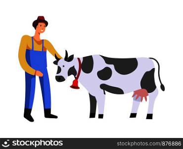 Farm farmer with cow wearing bell on neck, care for livestock isolated vector. Domestic animal giving milk, farming human breeding animals . Cheerful man wearing hat close to nature and work. Farm farmer with cow care for livestock isolated vector