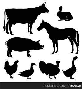 Farm, farmyard animals vector silhouettes. Livestock cattle and chicken, black silhouettes pig and duck, goose and rabbit illustration. Farm, farmyard animals vector silhouettes