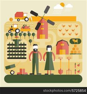 Farm flat concept with farmers animals windmill and field decorative icons vector illustration