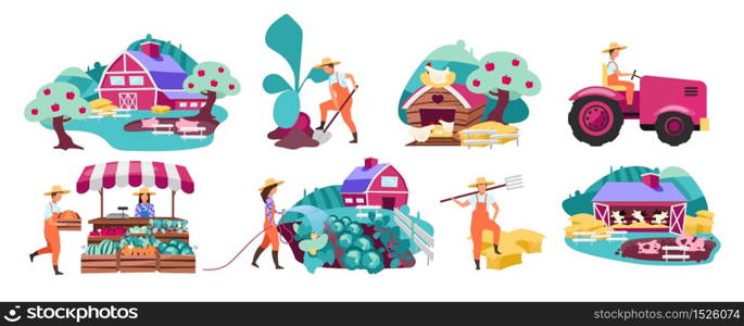 Farm flat vector illustrations set. Horticulture and vegetable gardening. Farmers market produce concept. Cattle, livestock and poultry farming. Agricultural plantation. Rural, village farmland