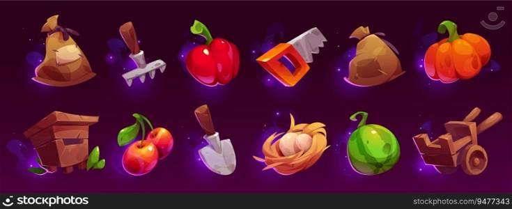 Farm food and gardening tool ui icon illustration set. Fresh vegetable, fruit and farmer equipment glossy mobile interface gui collection. Wooden hive, wheelbarrow, pumpkin and showel with sparkle. Farm food and gardening tool ui icon illustration