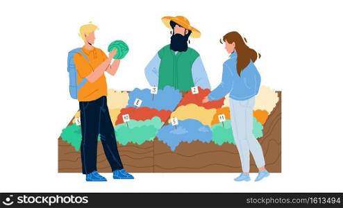 Farm Food Market Customers Choose Products Vector. Clients Choosing Fresh Natural Vegetables At Agricultural Market Counter. Character Seller Selling Healthy Nutrition Flat Cartoon Illustration. Farm Food Market Customers Choose Products Vector