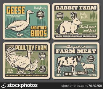 Farm food products, cattle farm meat and fowl food production. Vector vintage farming butchery posters of local domestic ow, turkey and partridge poultry, farm goose and rabbit. Farm dairy and cattle meat or fowl production