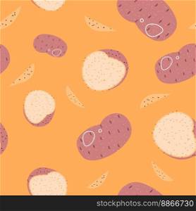 Farm food, tasty and nutritious meal. Fresh potato slices andπeces. Preparing meal and eating balanced and organic ingredients. Seam≤ss pattern, background pr∫or wallpaper. Vector in flat sty≤. Fresh potato ve≥tab≤s, farm food pattern pr∫