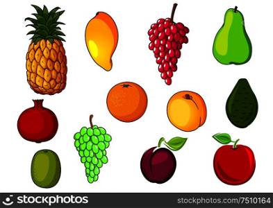 Farm fresh and ripe orange, red apple, pear, peach, grape, pineapple, kiwi, mango, plum, pomegranate avocado fruits. Agriculture harvest or natural food design. Fresh tropical and garden fruits