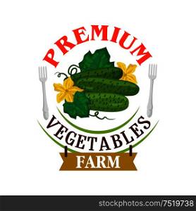 Farm fresh cucumbers label. Premium healthy vegan food icon with green cucumber and leaves. Vector vegetable icon for vegetarian product sticker, grocery, farm store, packaging, advertising tag. Farm fresh cucumbers. Healthy vegetables emblem