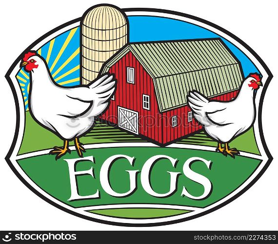 Farm fresh eggs label (chicken, red barn and silo design)