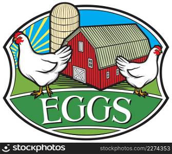 Farm fresh eggs label (chicken, red barn and silo design)