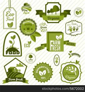 Farm fresh natural products organic eco food green labels set isolated vector illustration