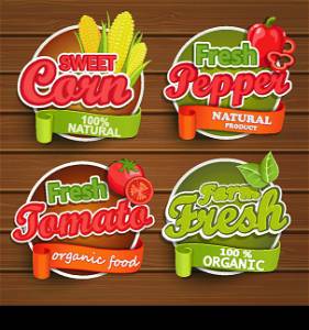 Farm fresh, organic food label - sweet corn, fresh pepper,tomato badges or seals on the wooden background, vector illustration.