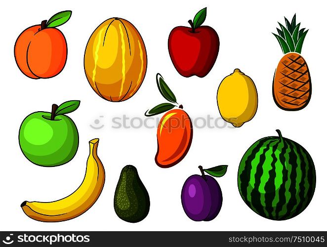 Farm fresh red and green apples, peach, avocado, yellow banana, pineapple, watermelon, lemon, orange mango, melon and purple plum fruits. For agriculture and food themes. Farm colorful sweet fruits in cartoon style