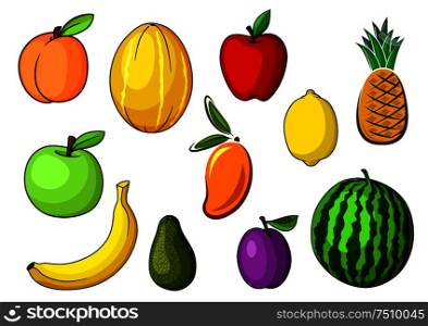 Farm fresh red and green apples, peach, avocado, yellow banana, pineapple, watermelon, lemon, orange mango, melon and purple plum fruits. For agriculture and food themes. Farm colorful sweet fruits in cartoon style