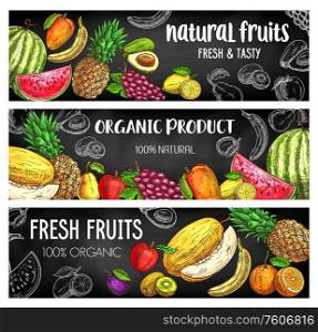 Farm, garden tropical fruits harvest, vector chalk sketch banners. Organic natural exotic pineapple, mango and avocado, watermelon, peach and orange citrus, melon, apricot, apple and grapes. Farm market tropical fruits, chalk sketch banners